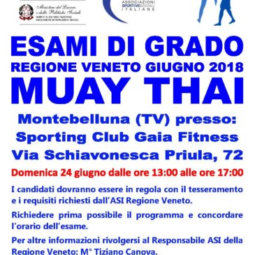 ASI VENETO: ESAMI DI GRADO MUAY THAI DOMENICA 24 GIUGNO dalle 13 alle 17  MONTEBELLUNA VIA SCHIAVONESCA PRIULA 72